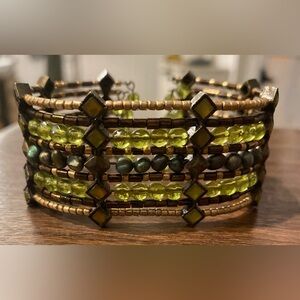 Green Beaded Multi Strand Cuff Bracelet | Boho Statement Jewelry